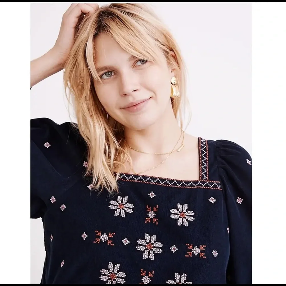 Madewell embroidered babydoll peplum corduroy top - Picture 2 of 5